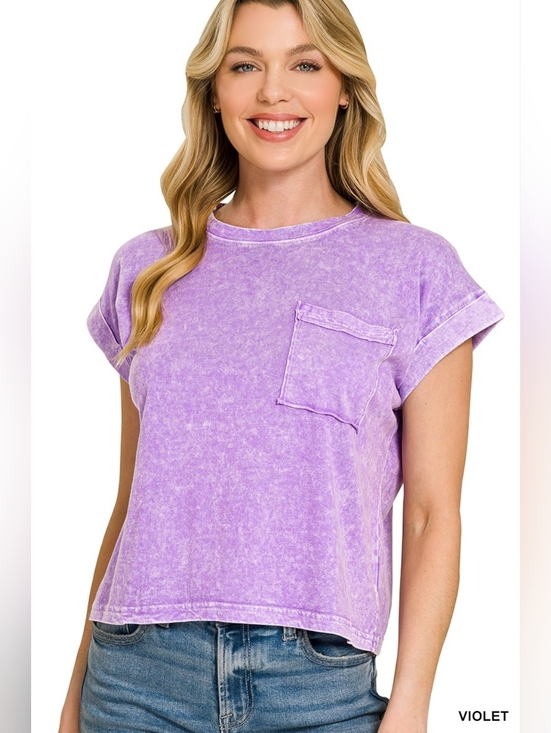 Zenana Outfitters Tops - Zenana Halo Snow Washed Cotton Cuffed Short Sleeve Top- New Arrival!!